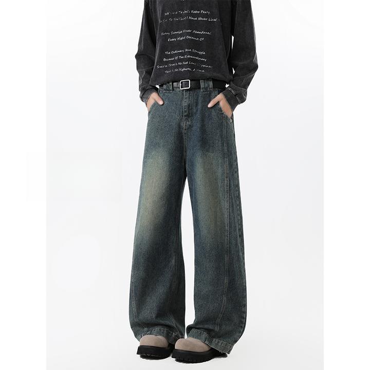 弯刀牛仔裤男秋季cleanfit美式高街复古水洗休闲宽松解构阔腿裤子