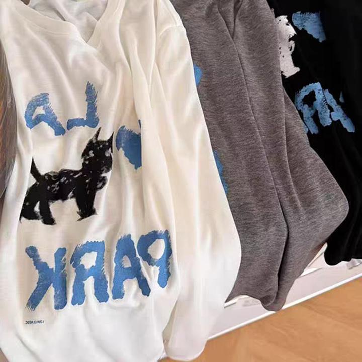 时尚休闲长袖防晒T恤女款女2025年夏季新款薄款透气印花圆领上衣