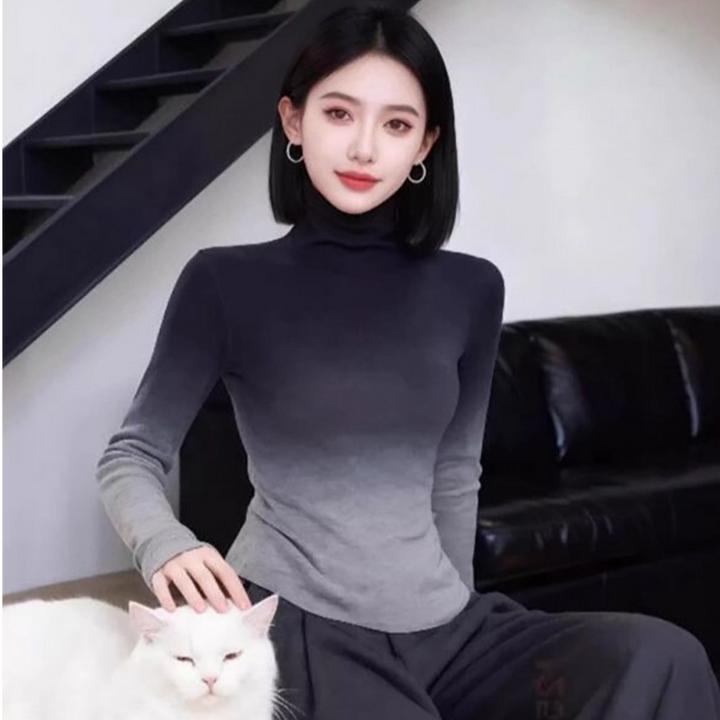 韩版复古渐变色高领长袖女德绒秋冬轻熟修身显瘦内搭打底衫上衣
