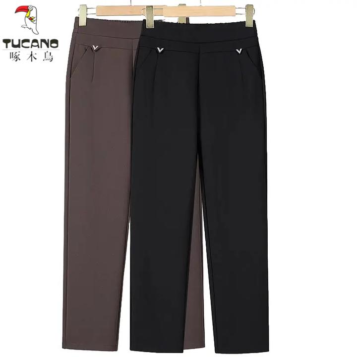 啄木鸟中老年妈妈裤子春秋款高腰女裤秋冬宽松直筒休闲裤加绒长裤