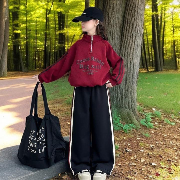 女童春款休闲套装2025新款女大儿童春秋立领卫衣拉条阔腿裤两件套