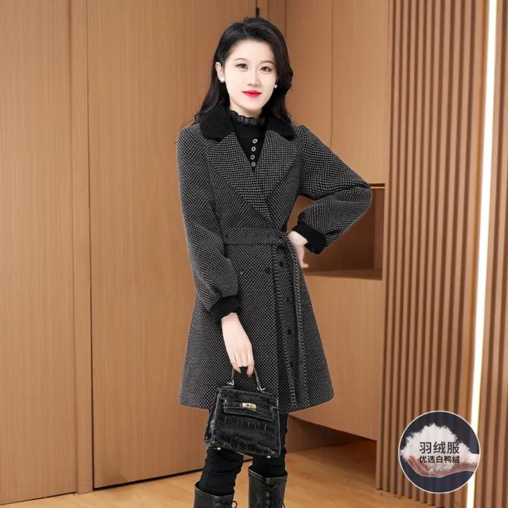 中长款羽绒内胆收腰格子毛呢外套女小个子冬高腰显瘦气质呢子大衣