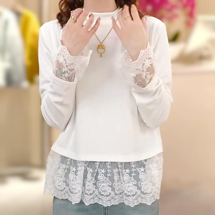 设计感拼接蕾丝圆领磨毛娃娃款上衣女2025早春新款白色长袖T恤
