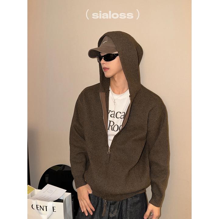 Sialoss针织外套男秋冬2025新款连帽上衣服宽松休闲潮流复古开衫