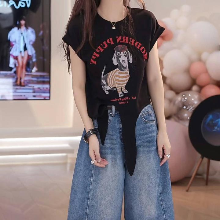 圆领美式复古狗狗绑带短袖上衣女2025夏季新款设计感休闲显瘦t恤