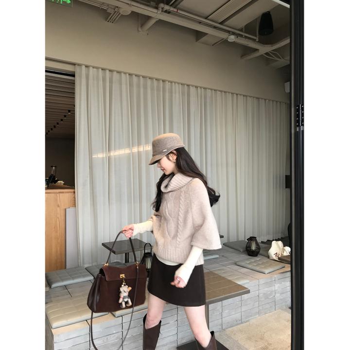 麻花针织套头斗篷羊毛毛衣女秋冬慵懒宽松高领打底针织衫