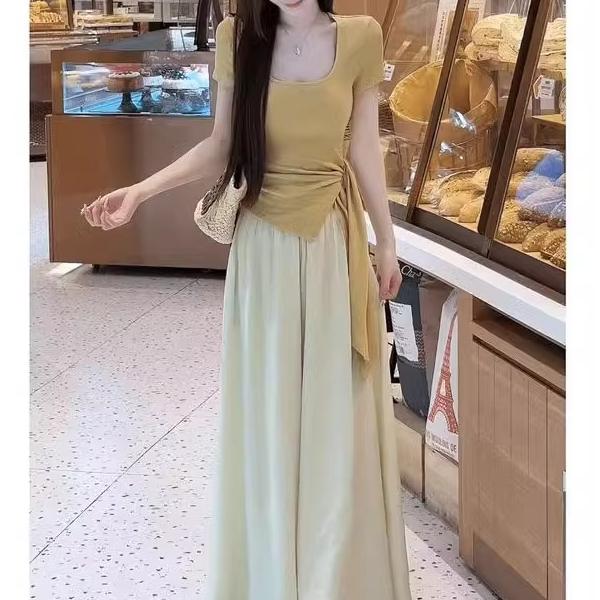 致简优衣法式不规则开叉绑带无袖背心女夏季高腰宽松阔腿裤两件套