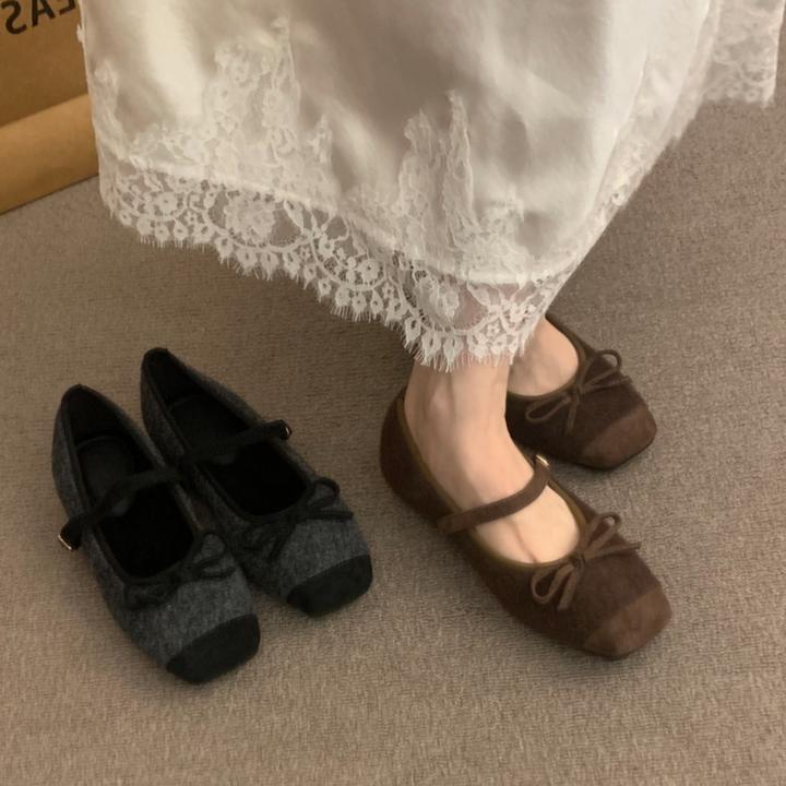 棕色复古毛呢浅口软底单鞋女秋冬款芭蕾风蝴蝶结一字扣带玛丽珍鞋