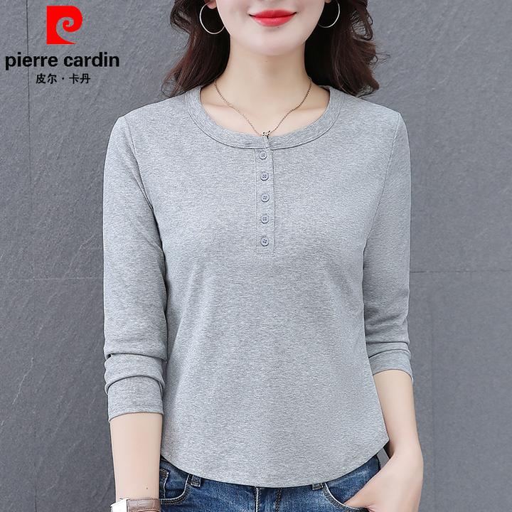 皮尔卡丹长袖T恤女春季2025新款纯色圆领妈妈宽松百搭休闲上衣