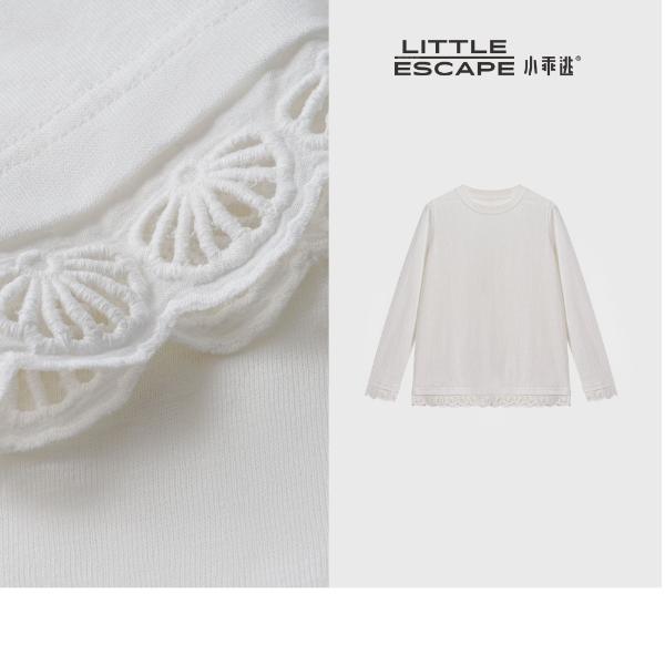 小乖逃白色卫衣T恤打底圆领下摆蕾丝花边简约修身显瘦百搭N95350