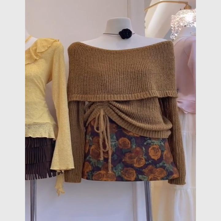 韩系一整套ootd穿搭咖色小香风一字肩针织毛衣配玫瑰印花短裙套装