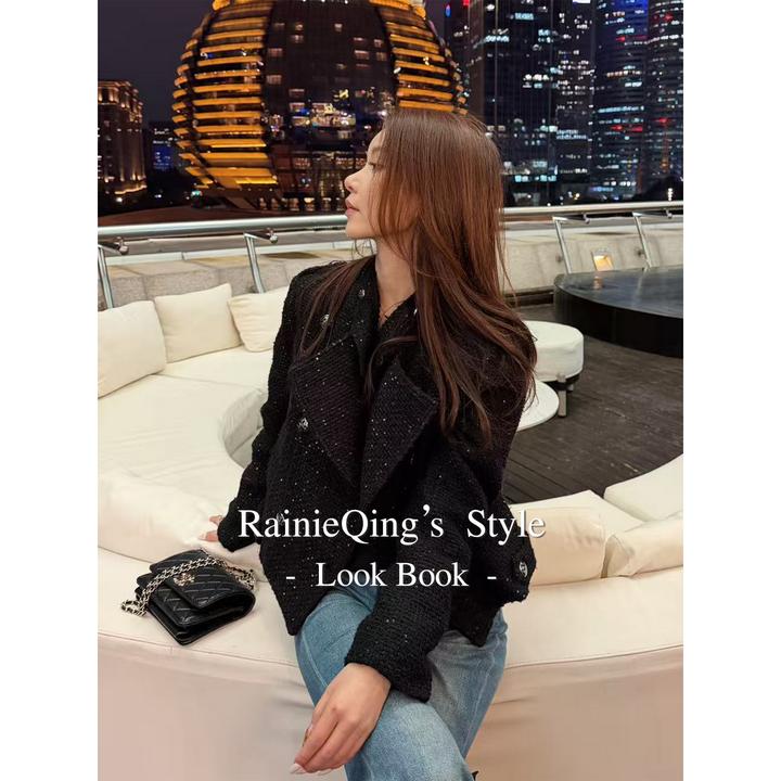 RainieQing【慕尼黑晴】轻奢精致亮片双排扣短款呢子外套女冬