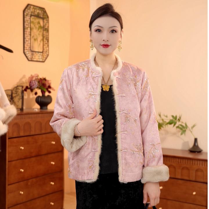 粉雾梅梢｜新中式国风加绒加厚刺绣双面穿外套-6429