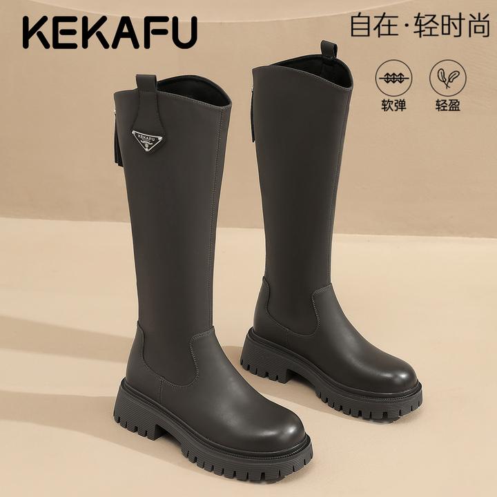 珂卡芙不过膝厚底欧美骑士靴三角标瘦瘦靴女款2025冬季新款时装靴