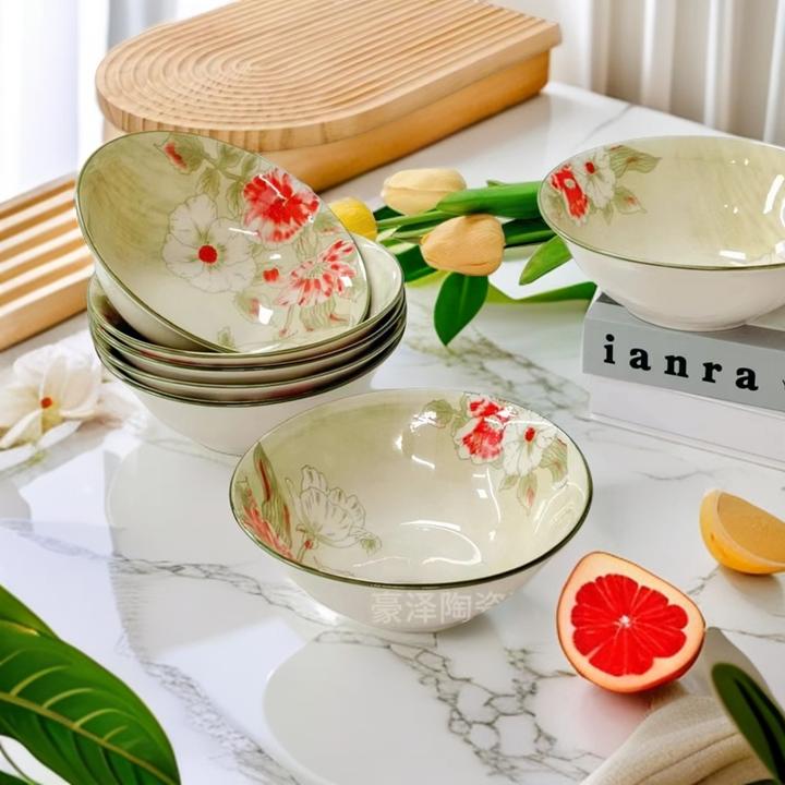 花语复古6英寸15厘米吃饭碗家用创意陶瓷碗4个