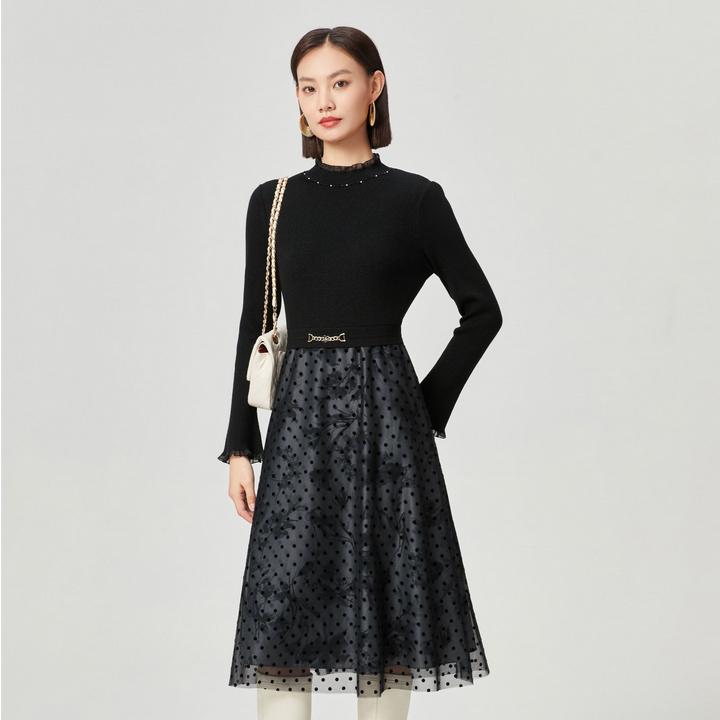 NAERSI/娜尔思气质长裙黑色珠片蕾丝长裙长袖连衣裙冬季NF10739W0