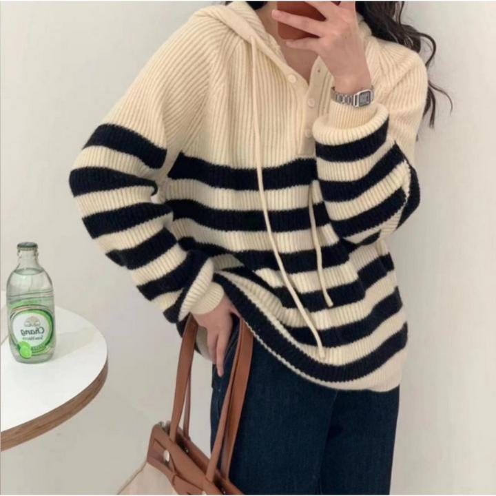 宽松连帽慵懒风拼色针织毛针织衫韩版加厚秋冬网红常规连帽套头女