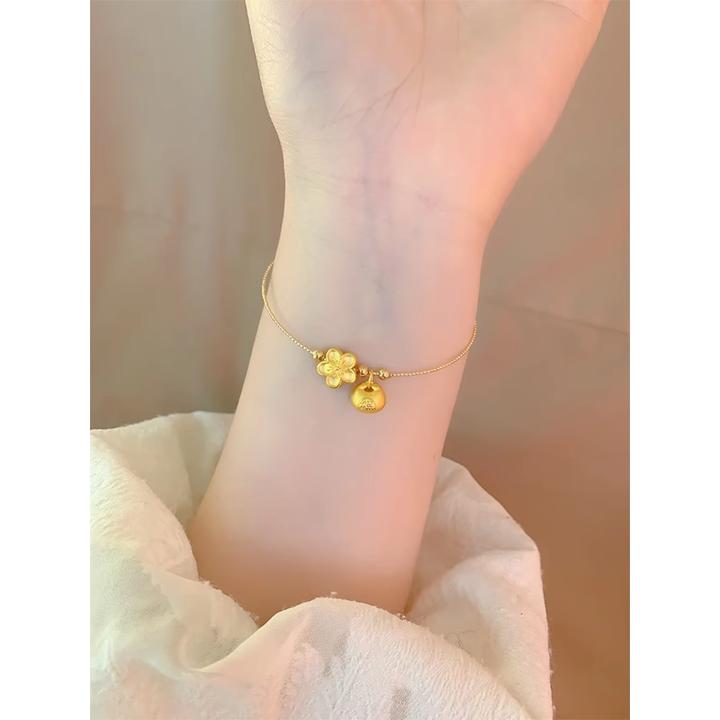 钛钢手链 金色小桃花招财纳福手链女复古甜美转运珠福袋花朵手饰