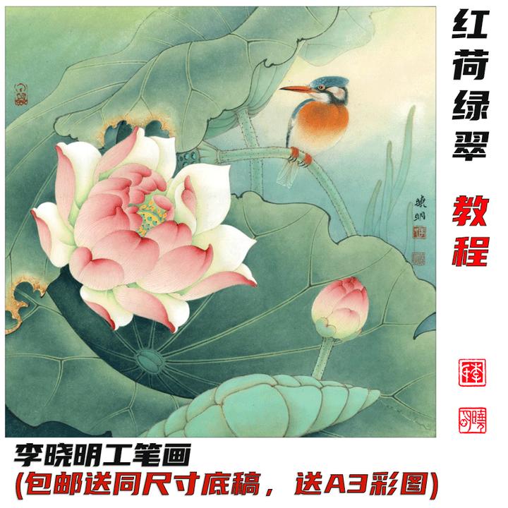 《红荷绿翠》教程 随看随学 李晓明原创工笔荷花 工笔花鸟 39*39cm