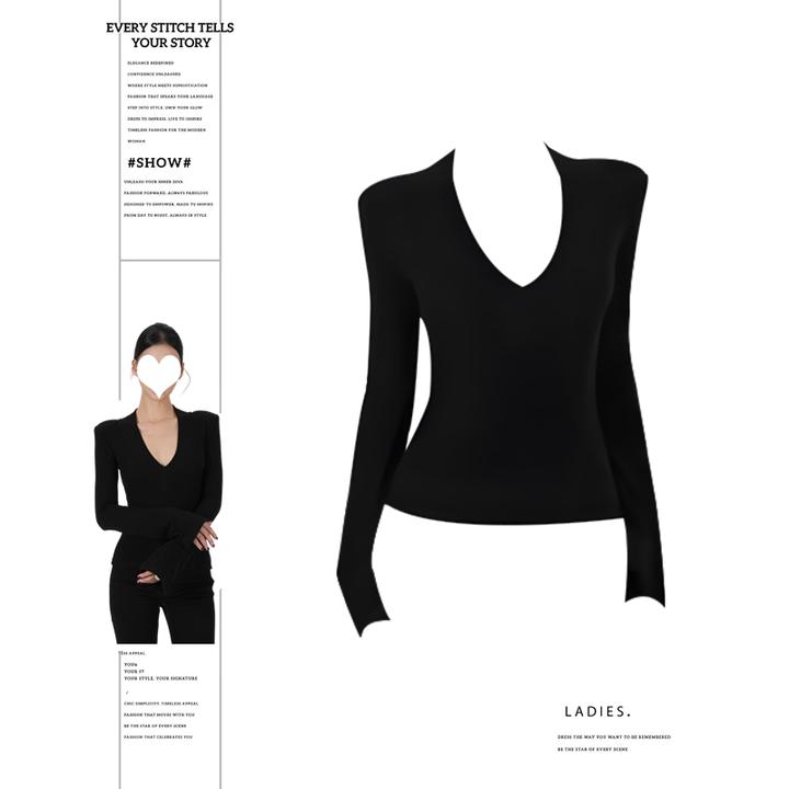 大码胖MM美式辣妹正肩V领长袖T恤女秋新款修身显瘦打底衫内搭上衣