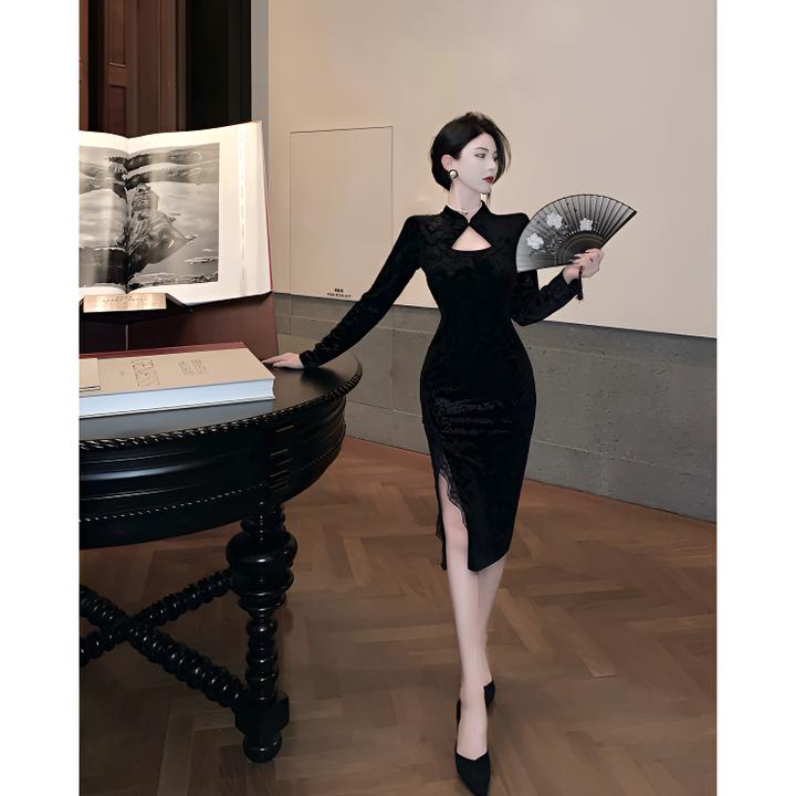 法式纯欲复古新中式气质改良式旗袍裙性感镂空开叉丝绒包臀连衣裙