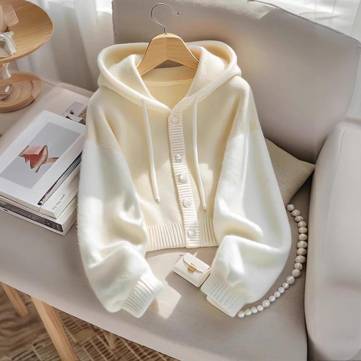 2025年秋季新款韩式穿搭白色宽松连帽针织衫新款减龄软糯毛衣上衣