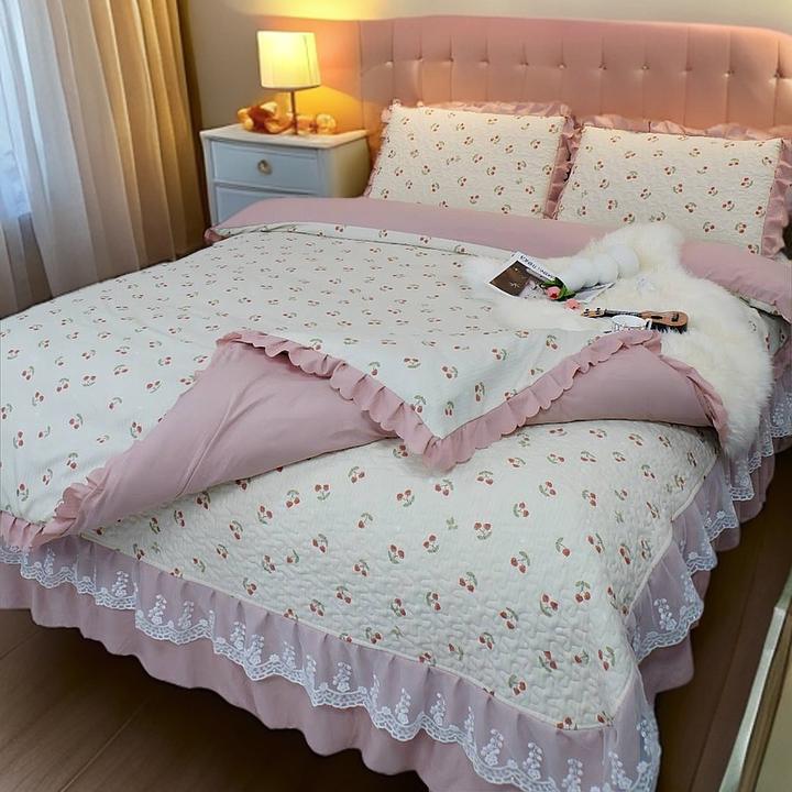 四季款床盖夹棉床裙韩版被套蕾丝奢华亲肤透气床笠床罩春夏四件套