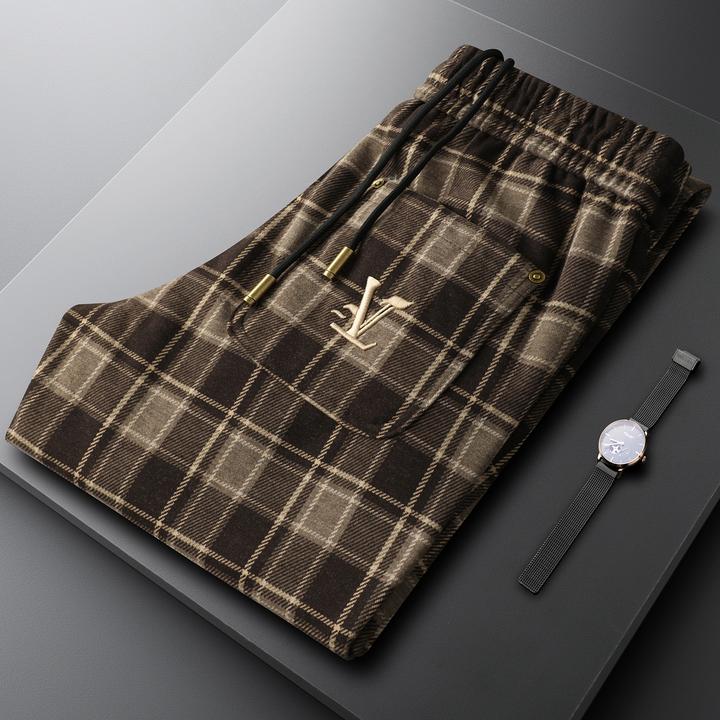 内米霍切格子裤高级感痞帅风轻奢松紧腰修身小直筒磨毛男士休闲裤