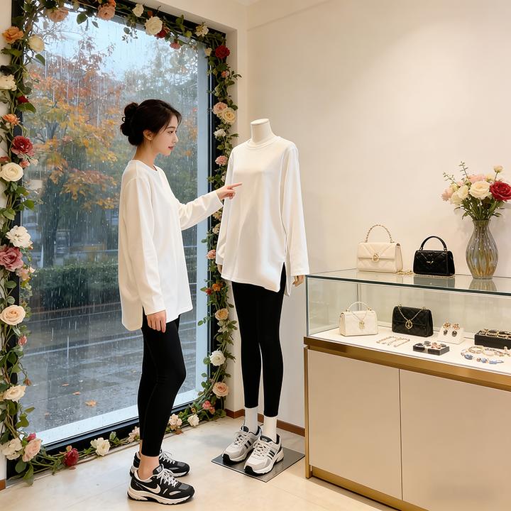 双面德绒白色中长款长袖t恤女秋冬显瘦宽松遮肉打底上衣新年战袍