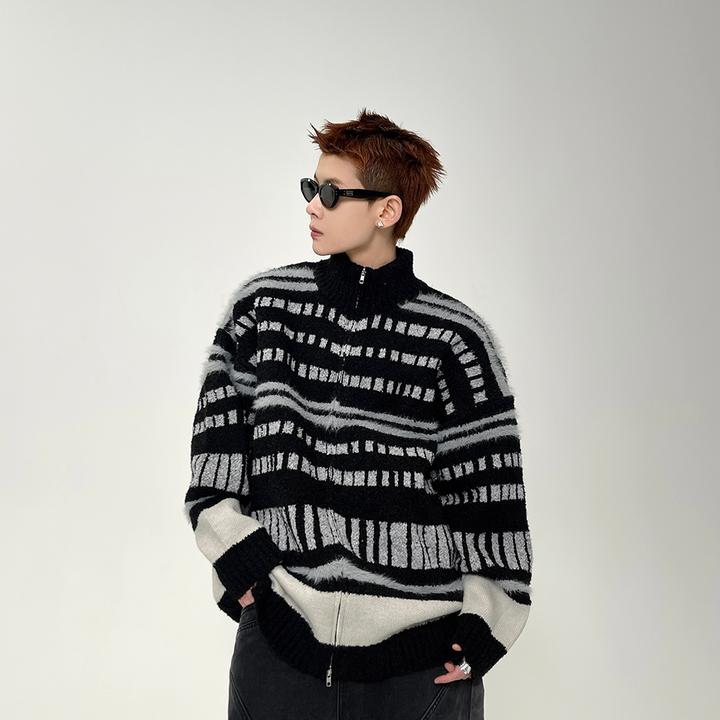 A1MP潮流撞色拉链立领复古毛衣男女高级感慵懒风加厚开衫针织外套