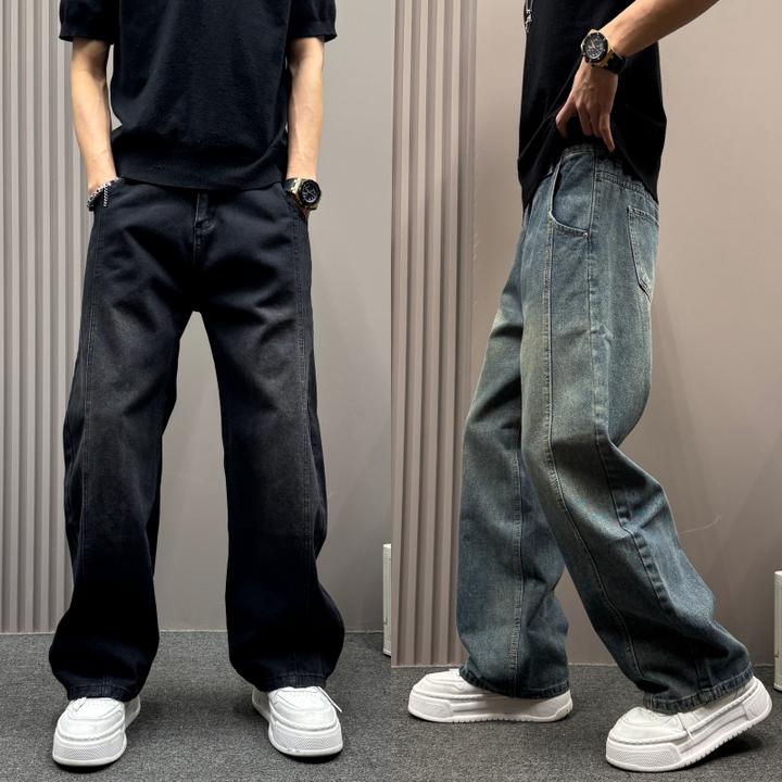 男款男士秋冬宽松垂坠感阔腿夏季裤做旧水洗质感高街复古牛仔长裤