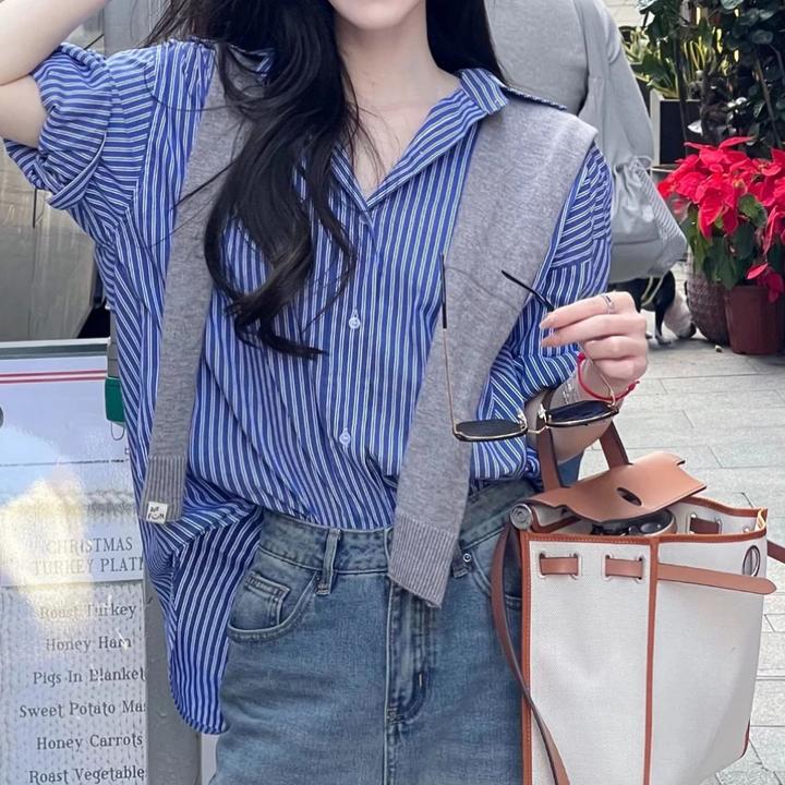 蓝色条纹衬衫女长袖春季2025新款内搭衬衣轻奢高级感法式复古上衣