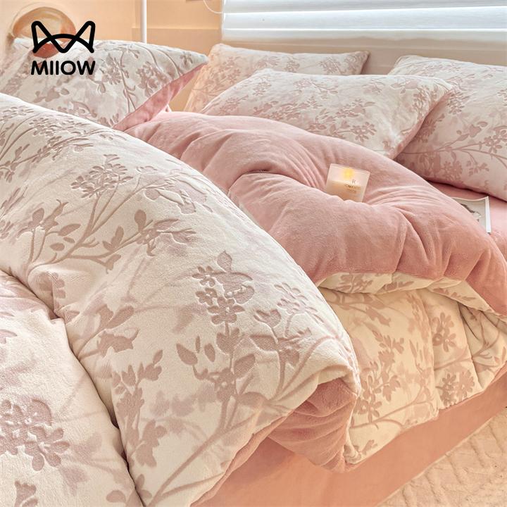 猫人雕花牛奶绒四件套加厚冬季珊瑚绒冬天单人宿舍床上三件套床品