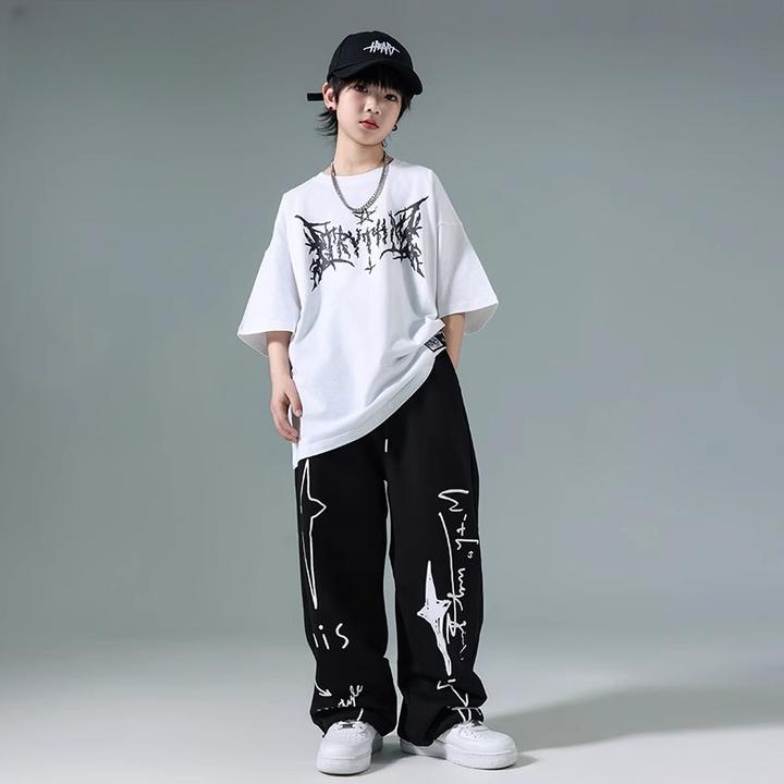 儿童2025街舞潮服套装男女童夏季印花短袖裤子hiphop街舞演出服潮