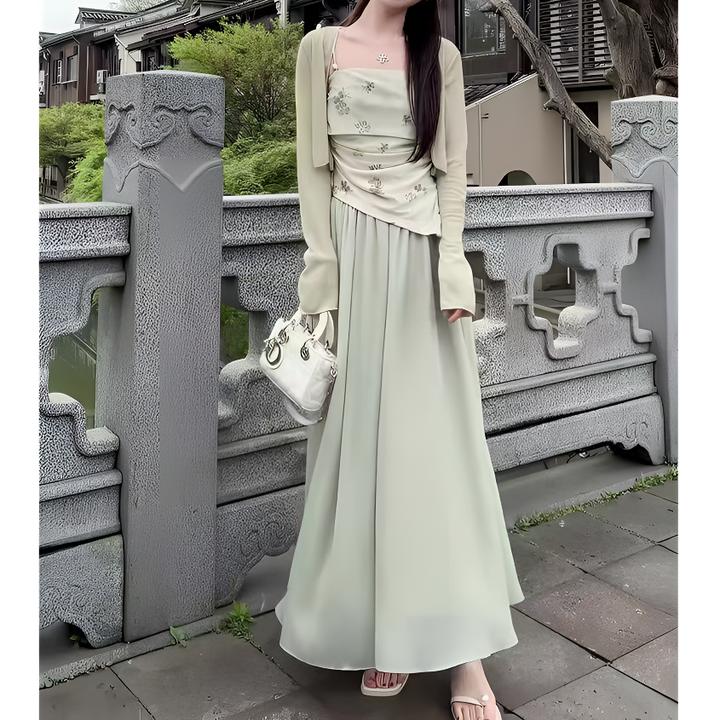 新中式休闲套装女2025夏季新款防晒开衫吊带背心高腰半身裙三件套