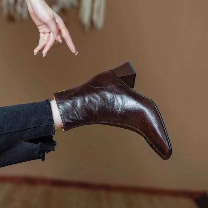 法式高档羊皮棕色马丁靴女2025秋冬新款瘦瘦靴春秋加绒靴子女短靴