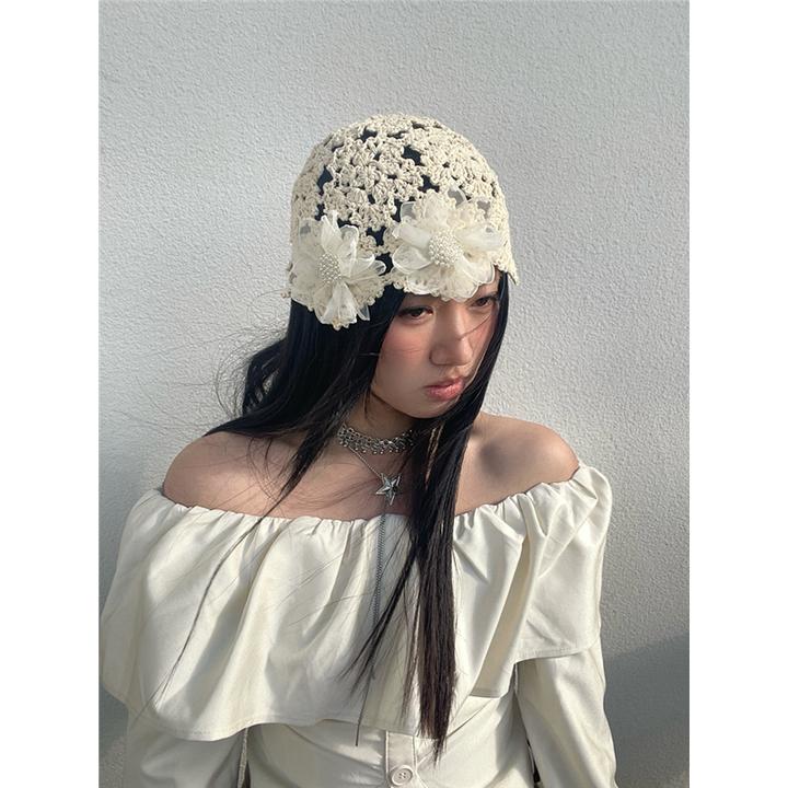 早春薄款镂空帽女帽优雅文艺花朵毛线帽可爱织帽小众设计套头帽女