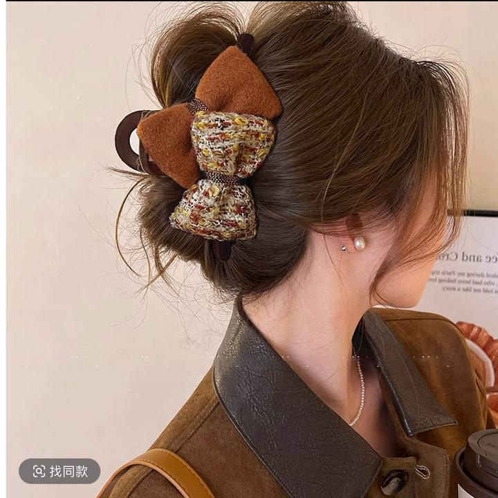小香风ab双面蝴蝶结毛绒抓夹女后脑勺高级感盘发夹鲨鱼夹头饰发卡