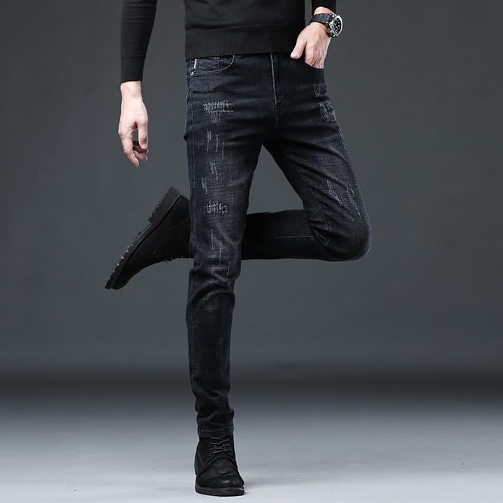 香港高端潮牌黑色牛仔裤男士秋冬款韩版修身小脚弹力冬季加绒裤子