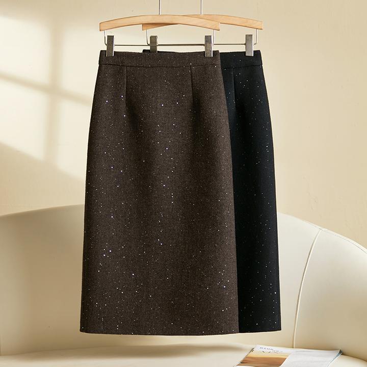 羊毛呢星光亮片直筒半身裙2025冬季新款高腰显瘦a字中长包臀冬裙
