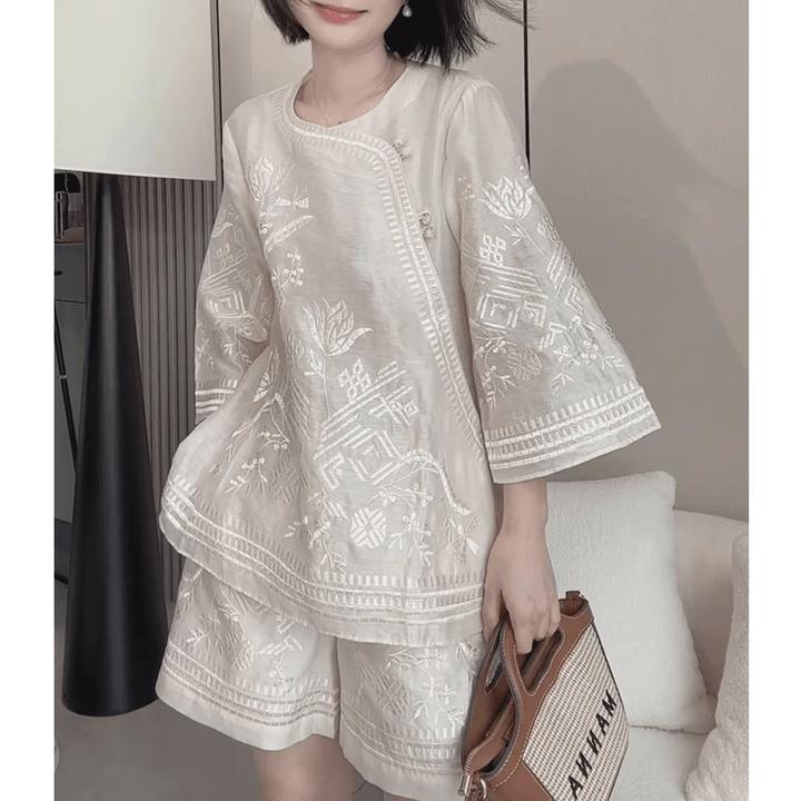 新中式国风2025夏季新款高级感显瘦上衣百搭休闲套装女短裤两件套