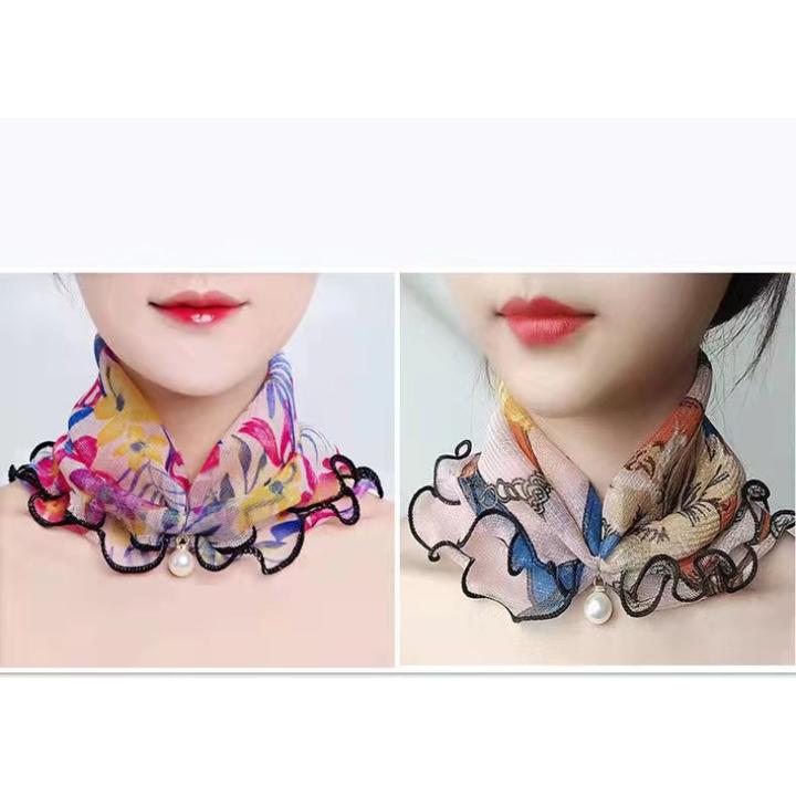 春夏款4季围巾中老年女套头围脖小丝巾面罩防晒护颈围脖纱巾珍珠