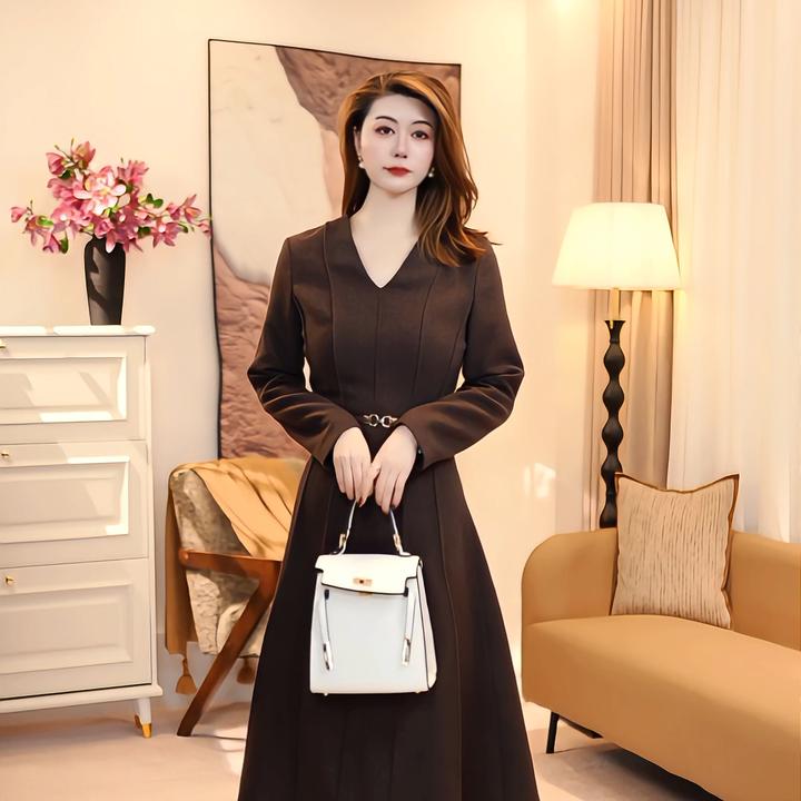 V领常规袖秋冬季休闲风连衣裙女神范时尚修身女装 86128