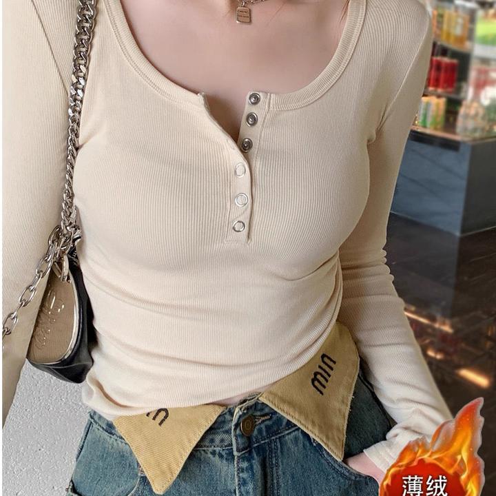 美式U领正肩长袖打底衫t恤女秋冬季新款洋气修身显瘦收腰辣妹上衣