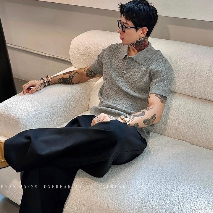 OXFREAK「编织绞花纹理」老钱风海鸥领针织polo衫男短袖夏季半袖