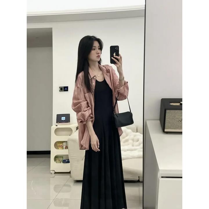 夏装搭配一整套韩系炸街减龄防晒条纹衬衫上衣搭配背带连衣裙套装