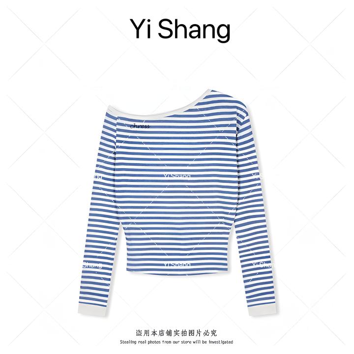 条纹一字领斜肩字母刺绣蓝条纹长袖T恤女春季新款夏季短袖上衣