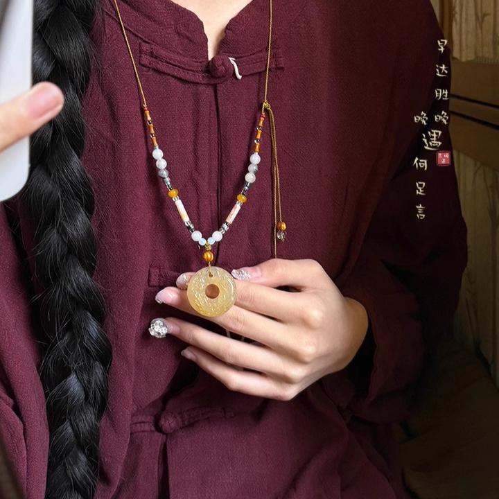 铜布艺项链 新中式古风平安扣串珠吊坠项链轻奢高级感锁骨链饰品