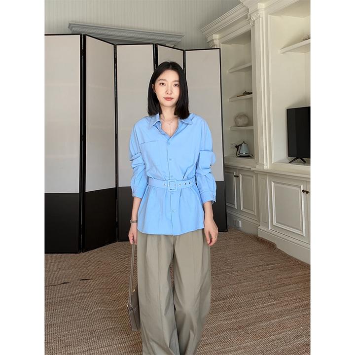 郭九九呢 天丝棉宽松收腰显瘦衬衫(含腰带)直筒阔腿裤 G925C13927