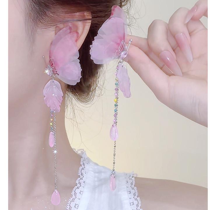 合金耳饰 超仙网纱蝴蝶流苏耳环气质甜美仙气少女森系重工耳饰女